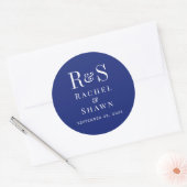 Elegante Marine Blauw Chic Modern Monogram Huwelij Ronde Sticker (Envelop)
