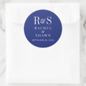 Elegante Marine Blauw Chic Modern Monogram Huwelij Ronde Sticker (Tas)