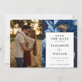 Elegante Marine Blauw en Goud Bloemen Fotobruiloft Save The Date