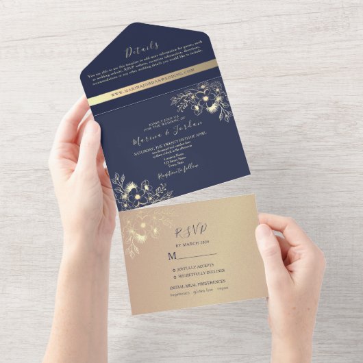 Elegante Marine Blauw en Goud Bloemen Huwelijk All In One Uitnodiging (Afscheurbaar)