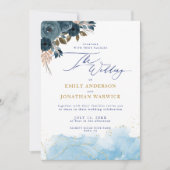 Elegante Marine Blauw en Goud Bloemen Huwelijk Kaart (Voorkant)