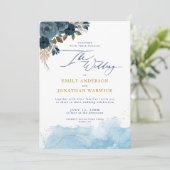 Elegante Marine Blauw en Goud Bloemen Huwelijk Kaart (Staand voorkant)