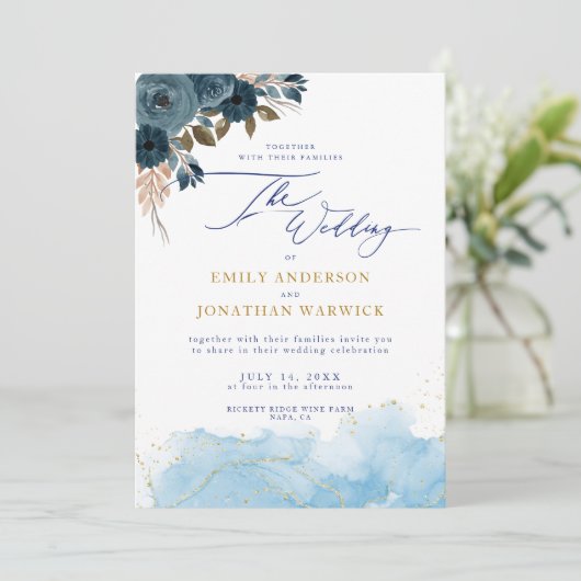 Elegante Marine Blauw en Goud Bloemen Huwelijk Kaart (Staand voorkant)