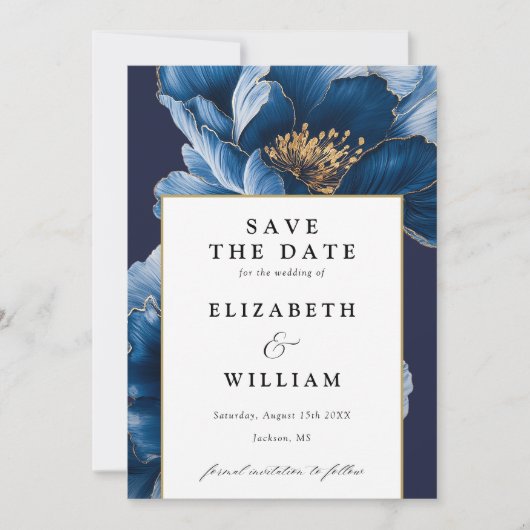 Elegante marine blauw en goud bloemenbruiloft save the date (Voorkant)