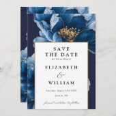 Elegante marine blauw en goud bloemenbruiloft save the date (Voorkant / Achterkant)