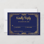 Elegante Marine Blauw en Goud Deco Wedding RSVP (Voorkant)