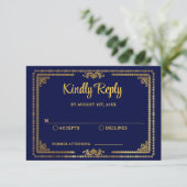 Elegante Marine Blauw en Goud Deco Wedding RSVP (Staand voorkant)