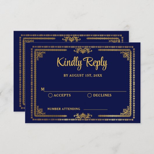 Elegante Marine Blauw en Goud Deco Wedding RSVP (Voorkant / Achterkant)