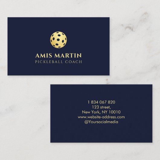 Elegante Marine Blauw en goud Pickleball Coach Visitekaartje (Voorkant / Achterkant)