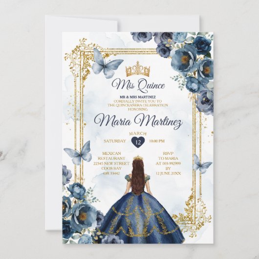 Elegante marine blauw en goud prinses Quiñceanera Kaart (Voorkant)