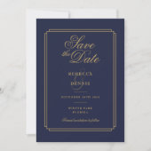 Elegante Marine Blauw en Goud Script Art Deco brui Save The Date (Voorkant)
