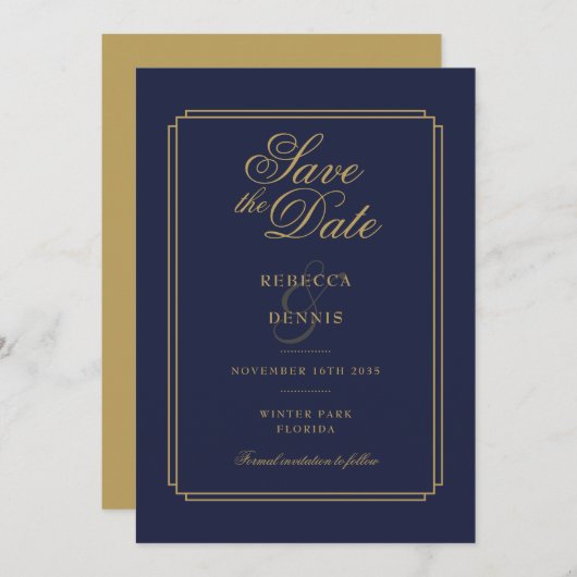 Elegante Marine Blauw en Goud Script Art Deco brui Save The Date (Voorkant / Achterkant)