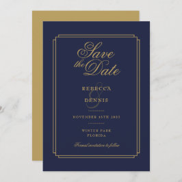 Elegante Marine Blauw en Goud Script Art Deco brui Save The Date