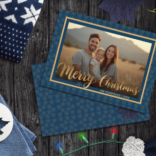 Elegante Marine Blauw en Goud Sterren Kerstfoto Feestdagenkaart