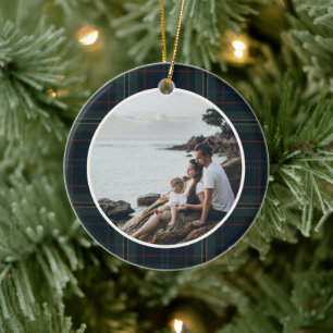 Elegante Marine Blauw en Groen Plakken Foto Kerstm Keramisch Ornament