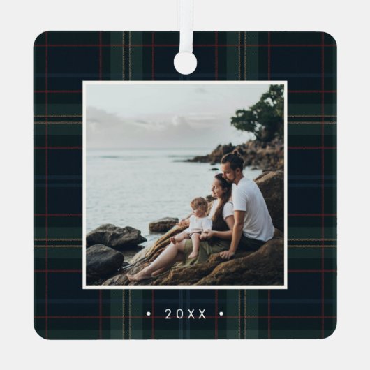 Elegante Marine Blauw en Groen Plakken Foto Kerstm Metalen Ornament (Achterkant)