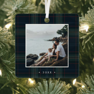 Elegante Marine Blauw en Groen Plakken Foto Kerstm Metalen Ornament