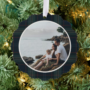 Elegante Marine Blauw en Groen Plakken Foto Kerstm Ornament Kaart