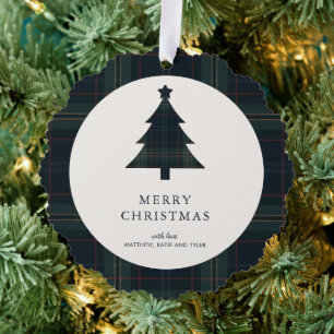 Elegante Marine Blauw en Groen Plakken Foto Kerstm Ornament Kaart