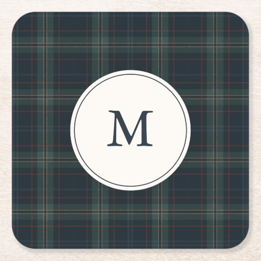 Elegante Marine Blauw en Groen Plakken Monogram Kartonnen Onderzetters (Voorkant)