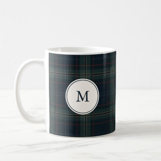 Elegante Marine Blauw en Groen Plakken Monogram Koffiemok (Links)