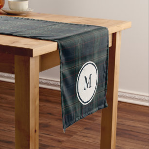 Elegante Marine Blauw en Groen Plakken Monogram Korte Tafelloper