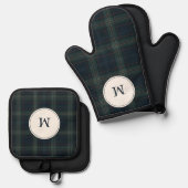 Elegante Marine Blauw en Groen Plakken Monogram Ovenwant & Pannenlap Set (Voorkant / Achterkant)