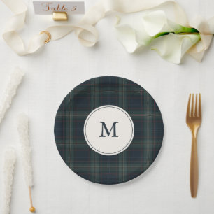 Elegante Marine Blauw en Groen Plakken Monogram Papieren Bordje