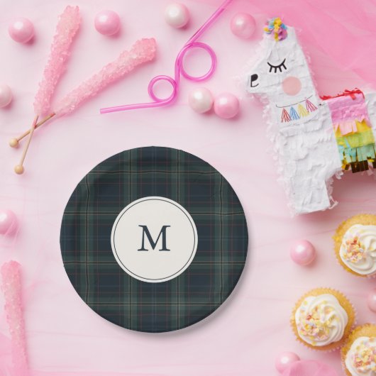 Elegante Marine Blauw en Groen Plakken Monogram Papieren Bordje (Feest)