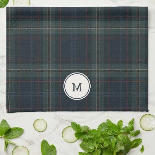 Elegante Marine Blauw en Groen Plakken Monogram Theedoek (Gevouwen)