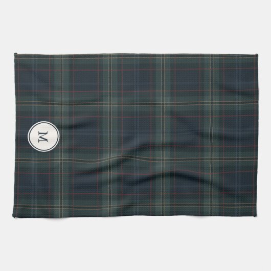 Elegante Marine Blauw en Groen Plakken Monogram Theedoek (Horizontaal)