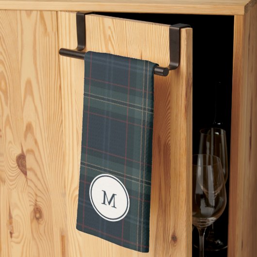 Elegante Marine Blauw en Groen Plakken Monogram Theedoek (Derde Gevouwen)