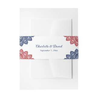 Elegante Marine Blauw en Rode Bloemen Kant Trouwen Uitnodigingen Wikkel