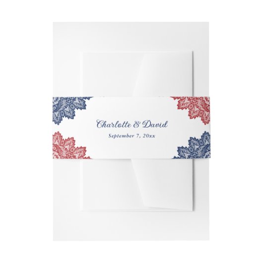 Elegante Marine Blauw en Rode Bloemen Kant Trouwen Uitnodigingen Wikkel (Voorkant Voorbeeld)