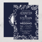 Elegante Marine Blauw en Wit Bloemen Huwelijksuitn Kaart (Voorkant / Achterkant)