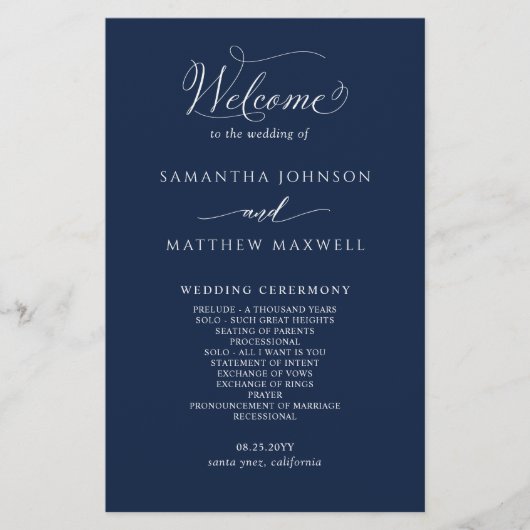 Elegante Marine Blauw en Wit Trouwprogramma (Voorkant)
