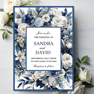 Elegante Marine Blauw en Zilver Ivoor Bloemen Huwe Kaart