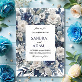 Elegante Marine Blauw en Zilver Ivoor Bloemen Huwe Kaart