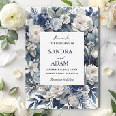 Elegante Marine Blauw en Zilver Ivoor Bloemen Huwe Kaart