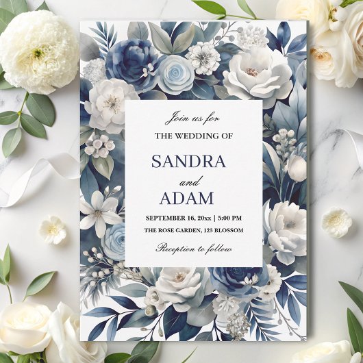 Elegante Marine Blauw en Zilver Ivoor Bloemen Huwe Kaart