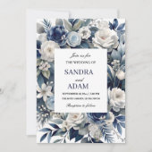 Elegante Marine Blauw en Zilver Ivoor Bloemen Huwe Kaart (Voorkant)