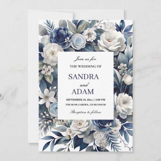 Elegante Marine Blauw en Zilver Ivoor Bloemen Huwe Kaart (Voorkant)