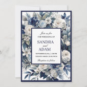 Elegante Marine Blauw en Zilver Ivoor Bloemen Huwe Kaart (Voorkant)