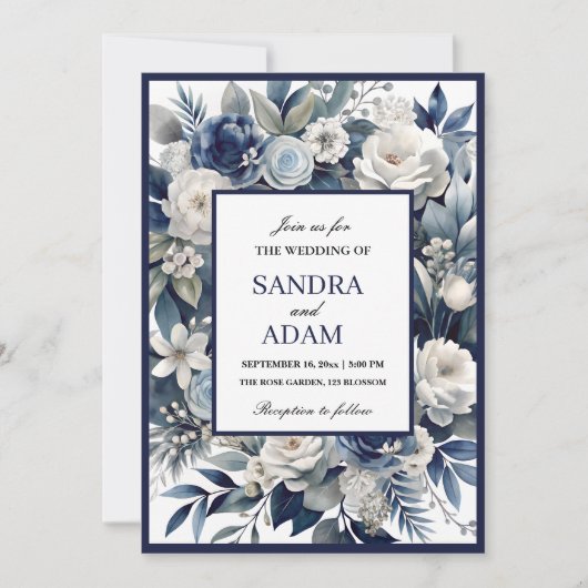 Elegante Marine Blauw en Zilver Ivoor Bloemen Huwe Kaart (Voorkant)