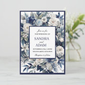Elegante Marine Blauw en Zilver Ivoor Bloemen Huwe Kaart (Staand voorkant)