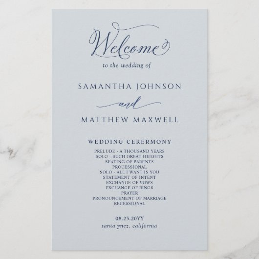 Elegante Marine Blauw en Zilver Wedding Programma (Voorkant)