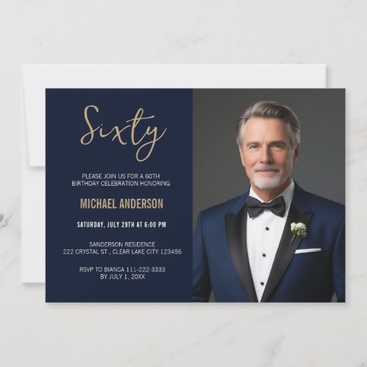 Elegante marine blauw goud agaat 60e verjaardag fo kaart (Voorkant)