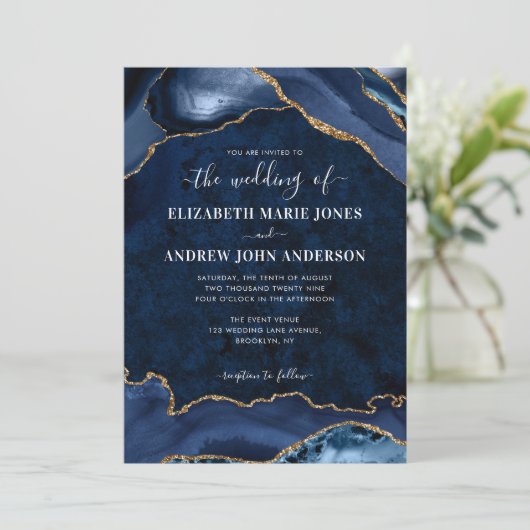 Elegante Marine Blauw Goud Agaat Geode Foto Bruilo Kaart (Staand voorkant)