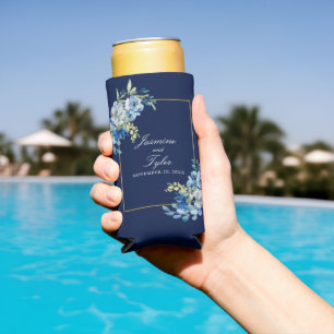 Elegante Marine Blauw Goud Bloemen Custom Wedding Seltzer Blikjeskoeler