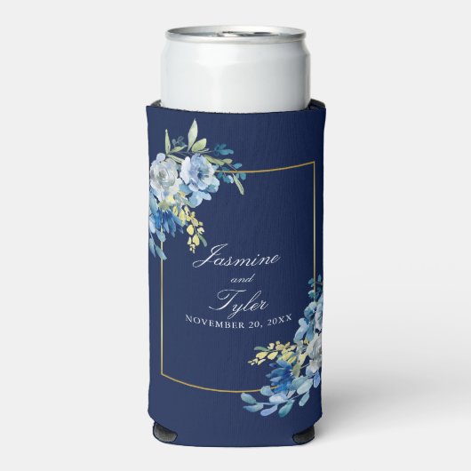 Elegante Marine Blauw Goud Bloemen Custom Wedding Seltzer Blikjeskoeler (Seltzer Voorkant)
